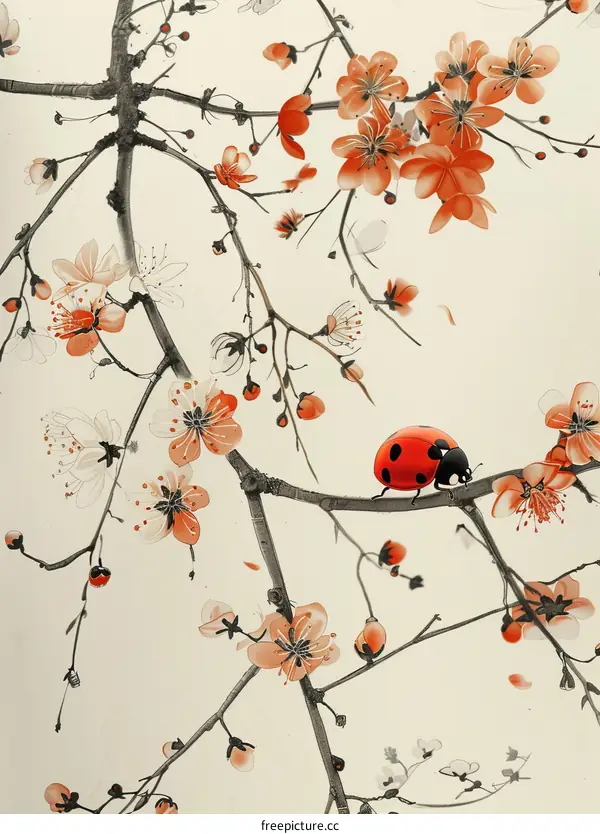 Red Ladybug on a Peach Blossom Branch