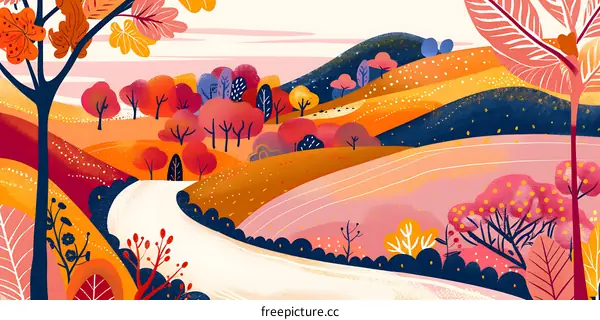 Autumn Landscape with Winding Road and Colorful Trees