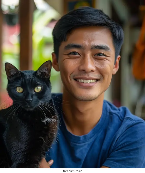 A young man is smiling while holding a black cat in his arms.
