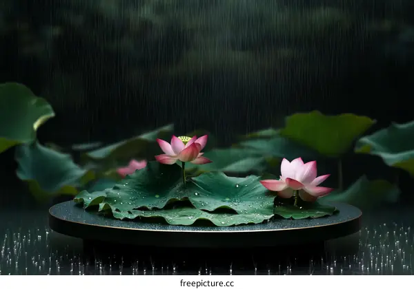 Pink Lotus Flowers in the Rain