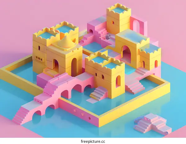 3D Illustration of a Colorful Geometric City with Buildings and Bridges