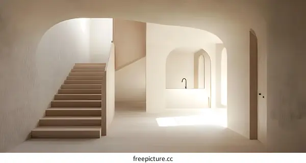 Modern Minimalist Interior Design with Arched Windows and Wooden Staircase