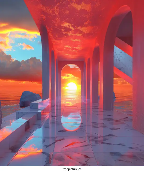 Surreal Futuristic Landscape: Long Corridor and Setting Sun