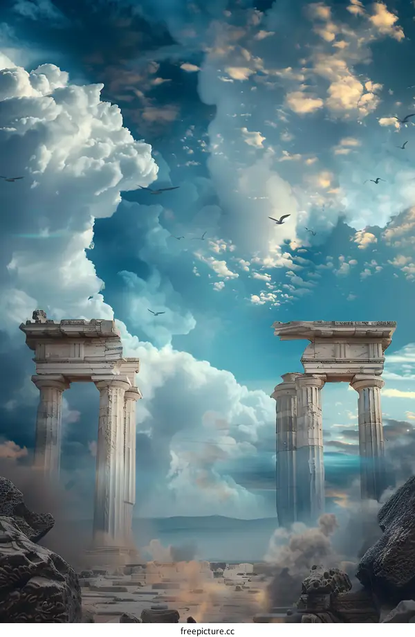 Ancient Ruins with Cloudy Sky and Birds Flying