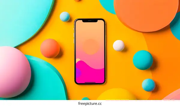 Colorful Geometric Shapes With Smartphone On Yellow Background