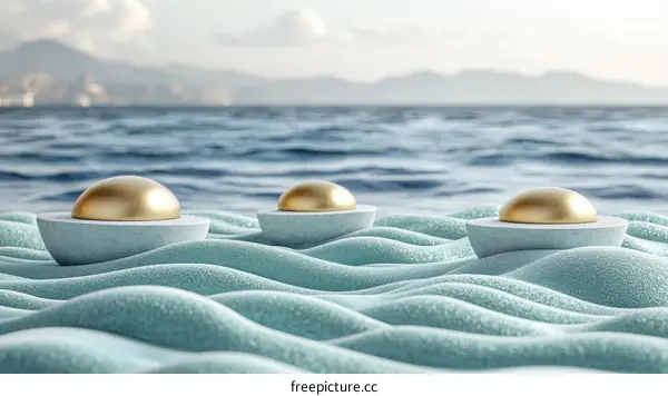 Modern Abstract Coastal Scene with Gold Sphere