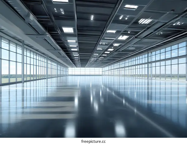 Empty Modern Warehouse with Large Windows and Reflective Floor