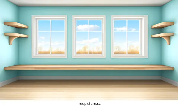 Light Blue Wall Interior With Wood Shelf