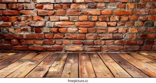 Old Red Brick Wall Background With Wooden Floor