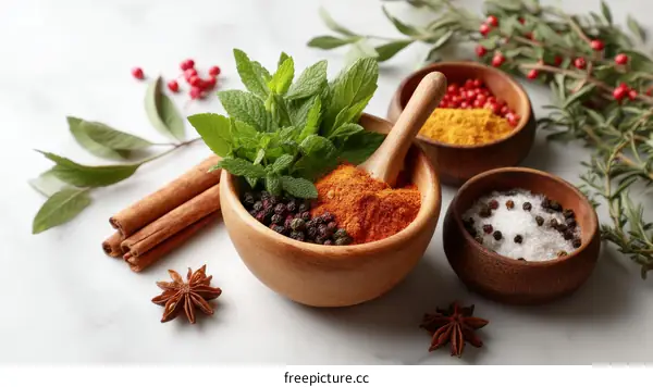 Assortment of Aromatic Spices and Herbs on Marble Surface
