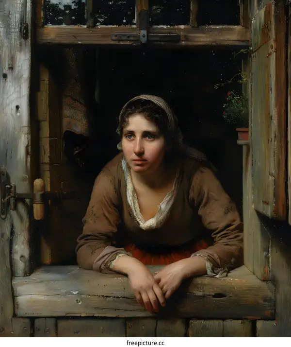 A Young Woman Looking Out of a Window