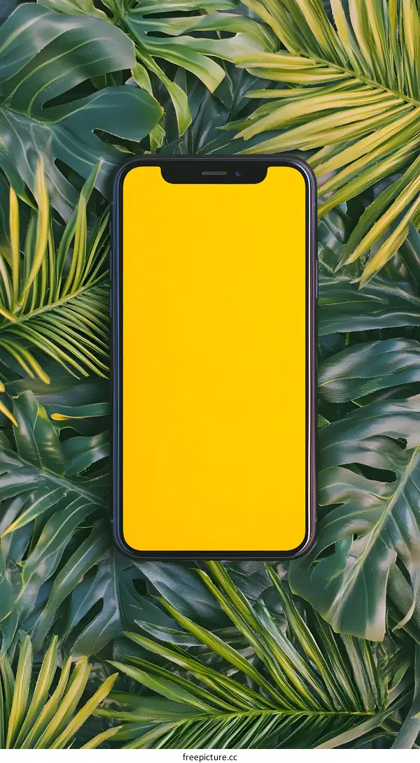 Yellow Smartphone Screen on Tropical Leaves Background
