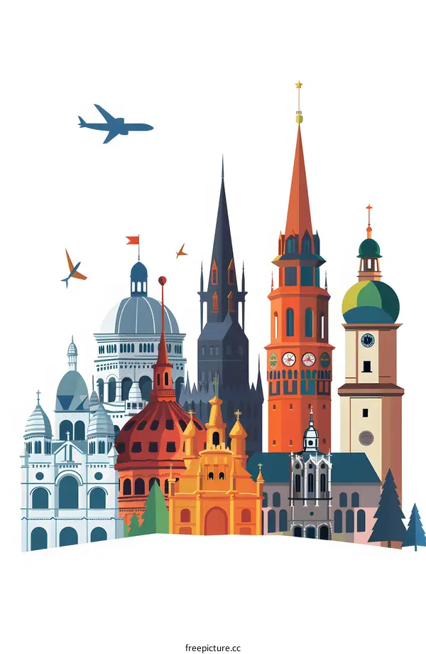 Colorful Illustration of European City Skyline with Churches and a Plane Flying Above
