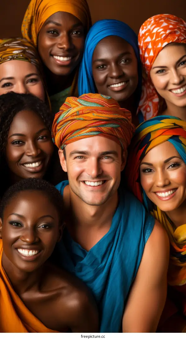 A group of people of different ethnicities wearing colorful head wraps are smiling.