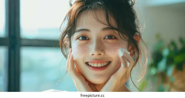 Asian woman applying cream on her face