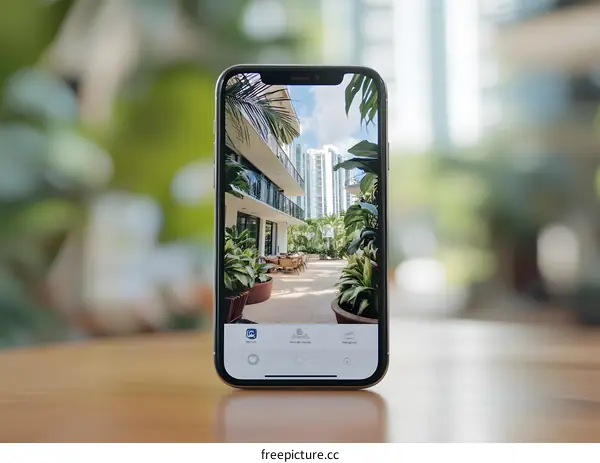 Phone Displaying Building Patio and City Skyline