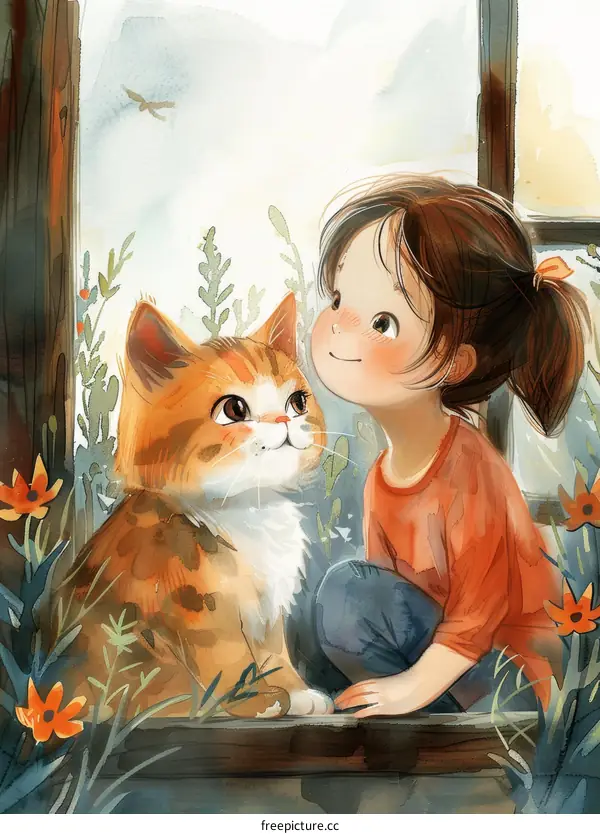 A girl and a cat looking out the window