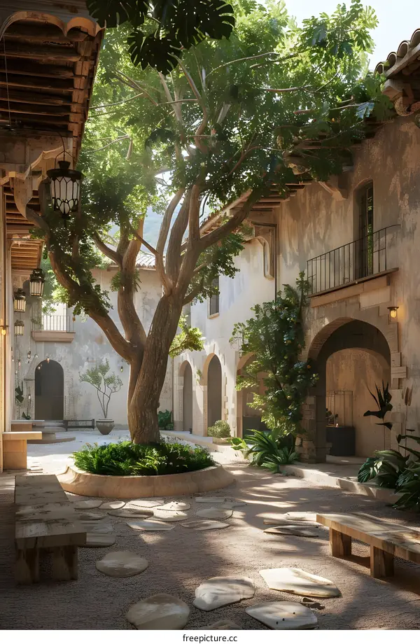 Mediterranean Courtyard with Lush Greenery and Stone Pathway