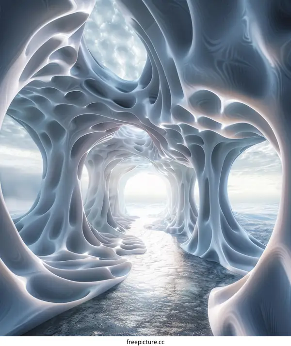 Surreal organic architecture with a path leading to the light