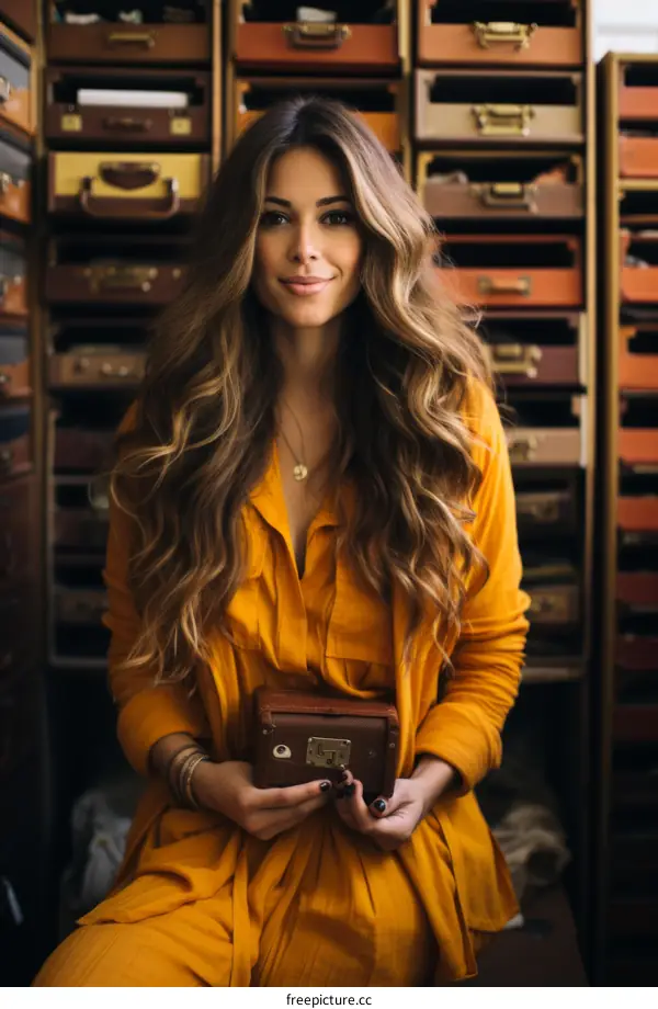 Portrait of a beautiful young woman with long wavy hair wearing a yellow dress