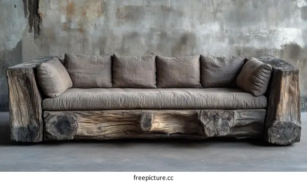 Rustic Wooden Sofa with Linen Cushions
