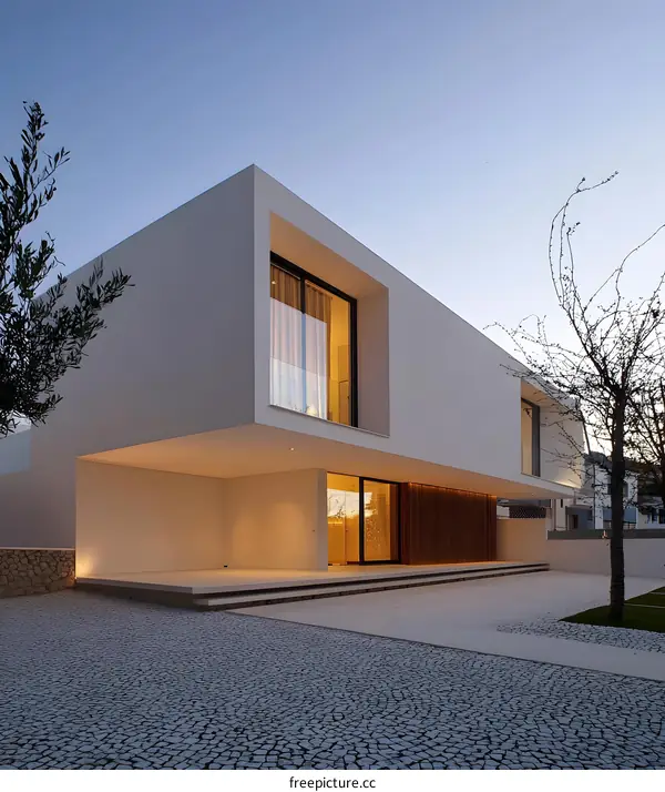 Modern White House with Large Windows and Stone Driveway