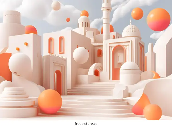 3D Abstract Architecture with Orange Spheres