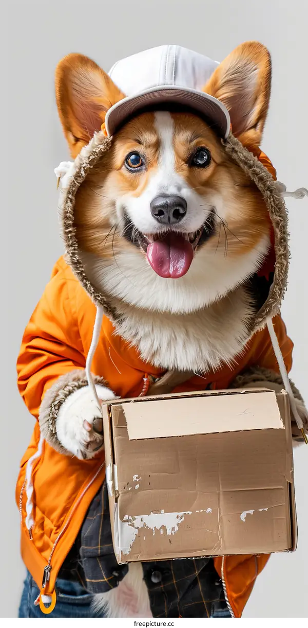 A cute corgi wearing a hat and coat is delivering a package.