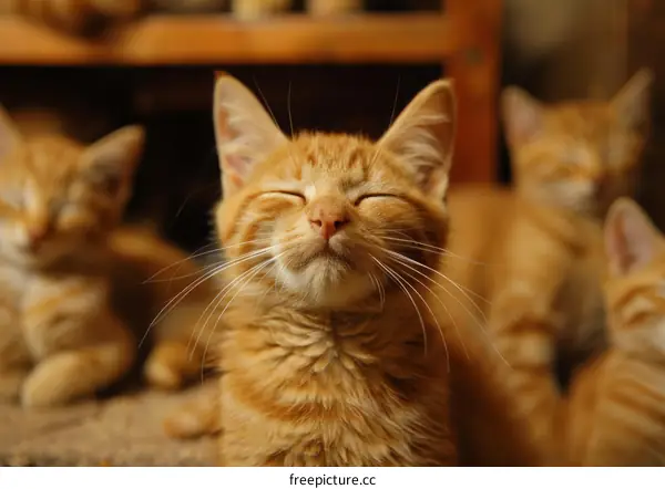A ginger kitten with its eyes closed and a blissful expression on its face