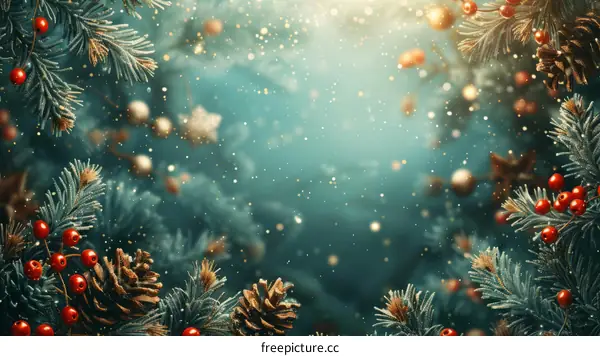Christmas background with fir branches and red berries