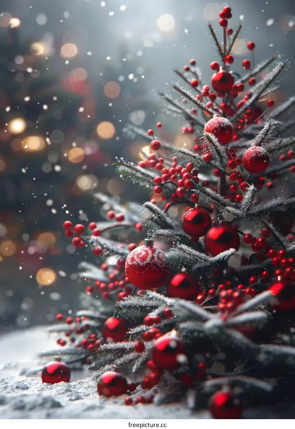 Snowy Christmas Tree with Red Ornaments