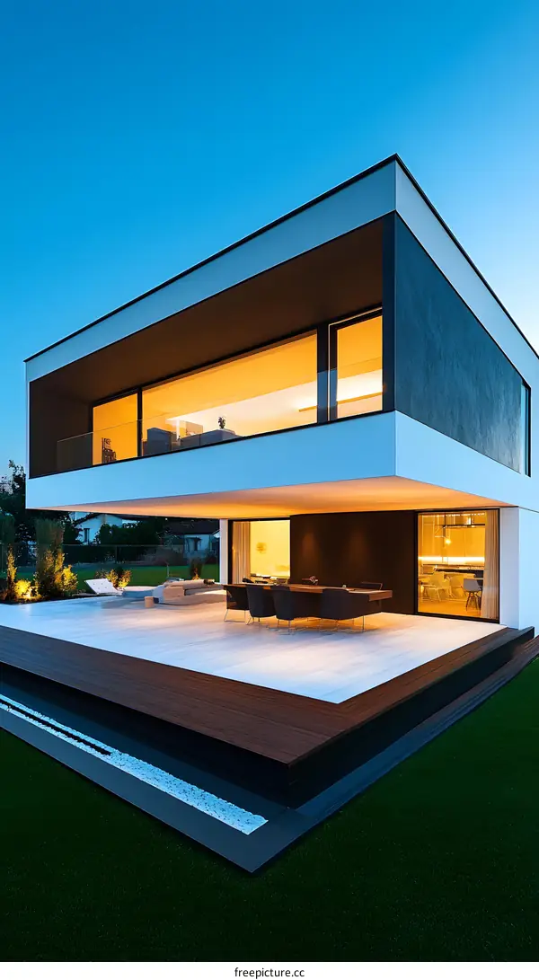 Modern Minimalist House with Patio and Grass Lawn at Dusk