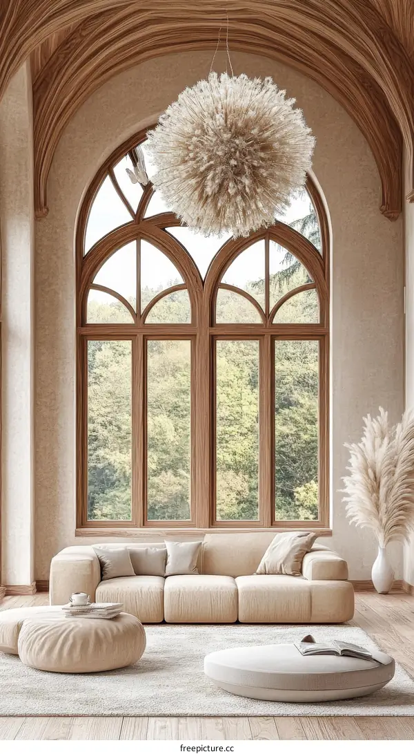 Beige Living Room with Large Window and Chandelier