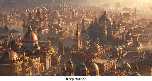 Aerial View of a Fantasy City at Sunrise