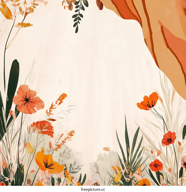 Abstract Floral Illustration with Orange Flowers and Green Leaves on a Beige Background