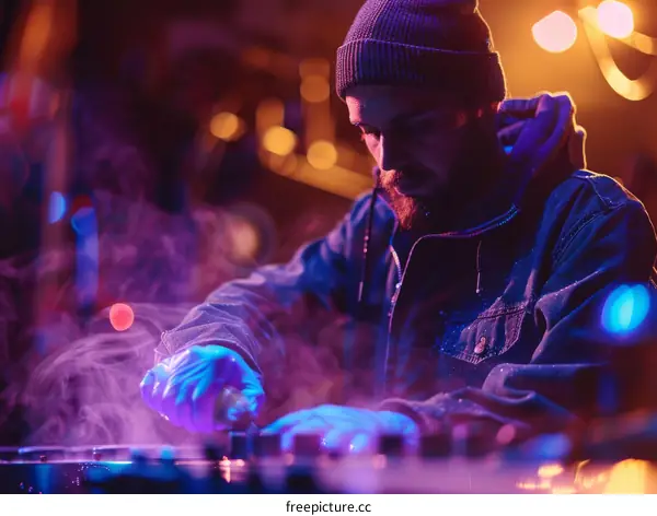 Bearded man in a beanie adjusting the knobs on a turntable