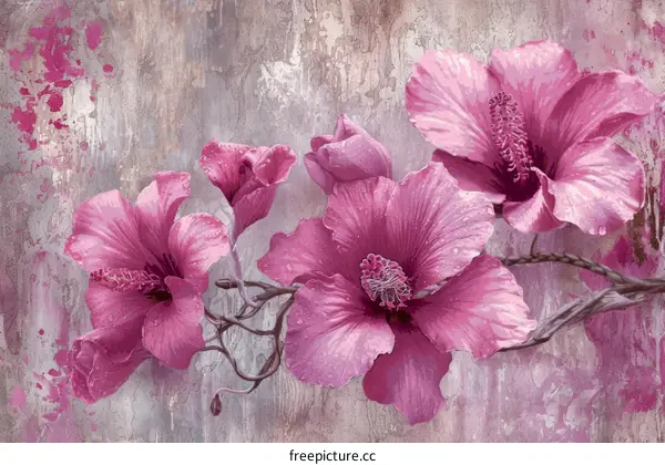Pink hibiscus flowers with dew drops on a beige background