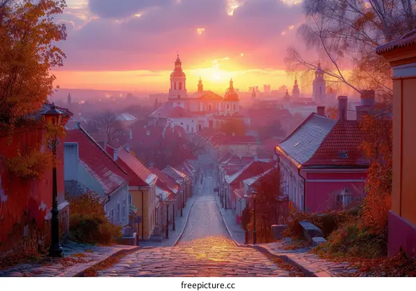 A Vibrant Evening in a Cobblestone City with Colorful Buildings