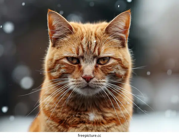 ginger cat looking at camera with snow falling in the background