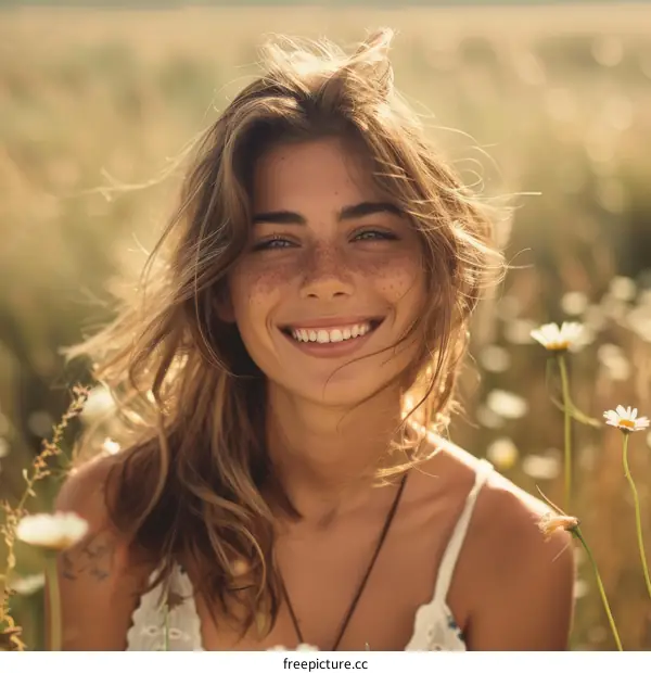 Happy Woman in a Field of Flowers