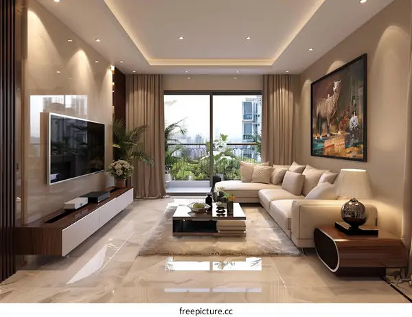 Modern and Minimalist Living Room Interior with Large Windows and Balcony