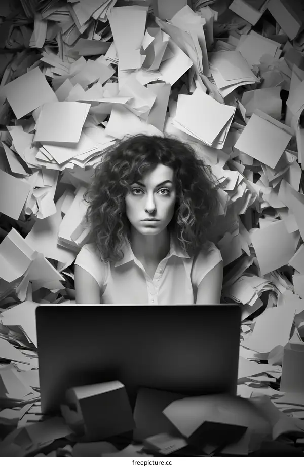 A young woman sits in a room filled with paper.