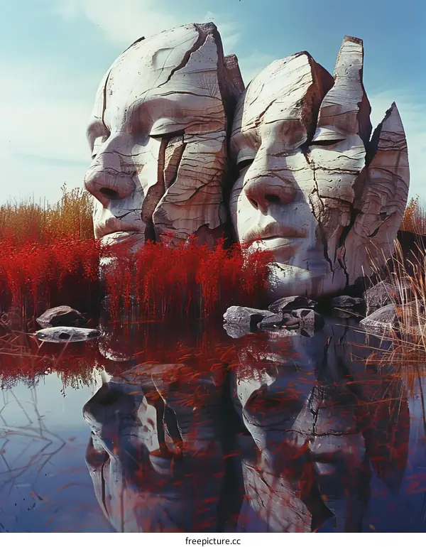 Colossal Stone Head Sculptures Flank a Tranquil Pond