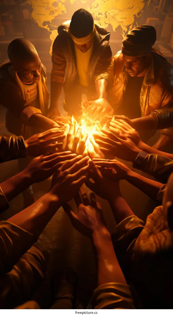 A group of people of African descent are holding hands around a fire.