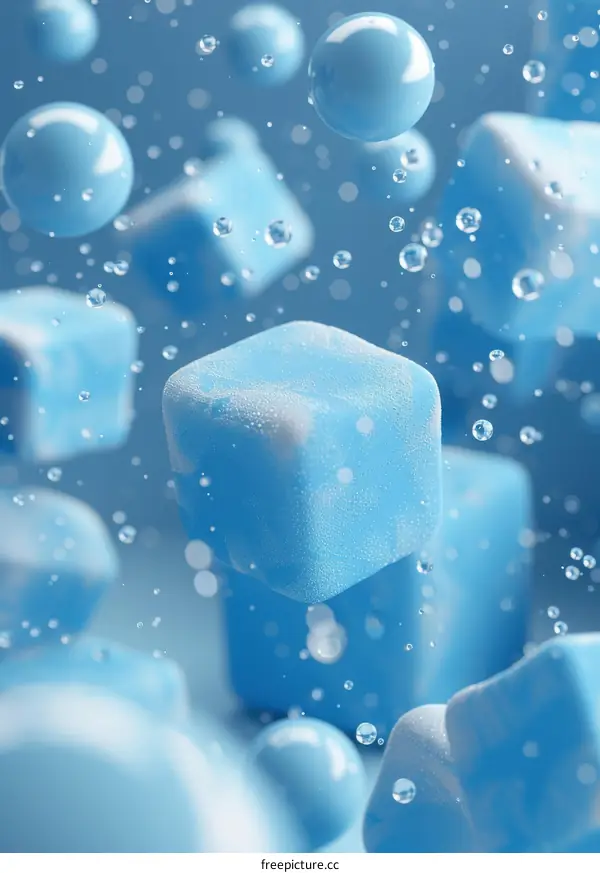 Abstract Art Background with Blue Cubes, Spheres, and Water Drops