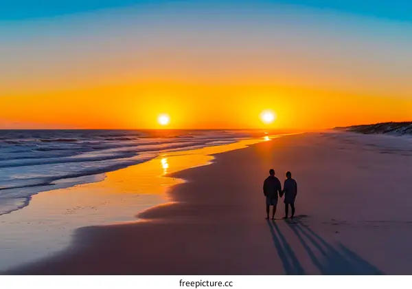 Couple Walking on the Beach at Sunset with Double Suns