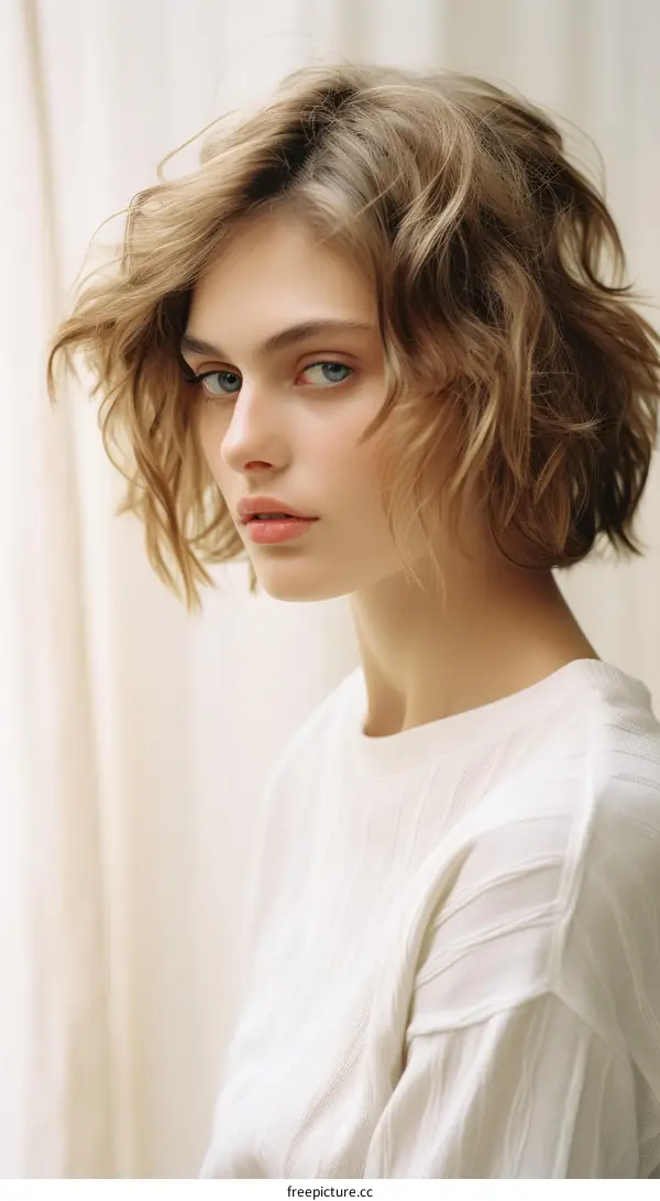 Portrait of a Young Woman with Blue Eyes and Short Brown Hair