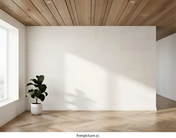 Bright and empty room with wooden ceiling and white wall