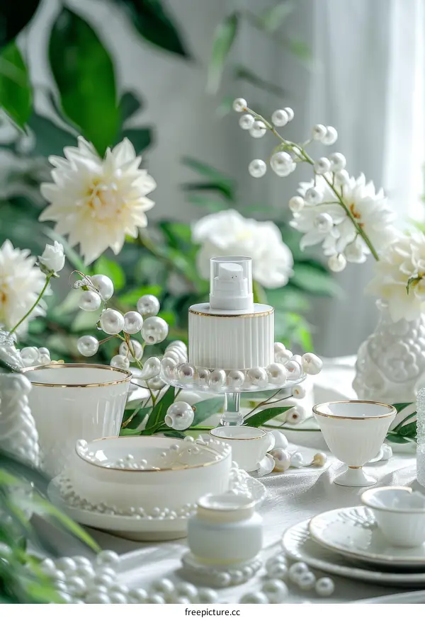 Still life of a table set with white flowers and a white cake stand