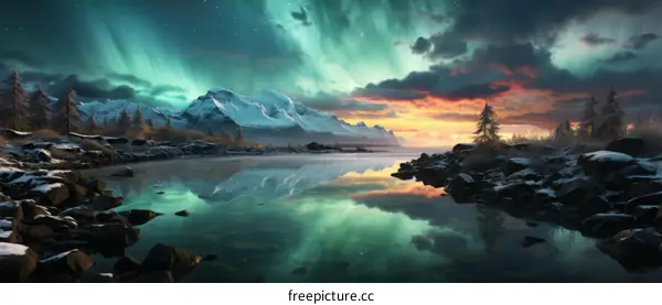 Aurora borealis landscape with mountains and lake